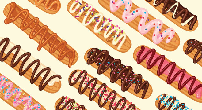 Seamless pattern featuring a delicious variety of eclairs decorated with chocolate, caramel, pink icing, and colorful sprinkles.