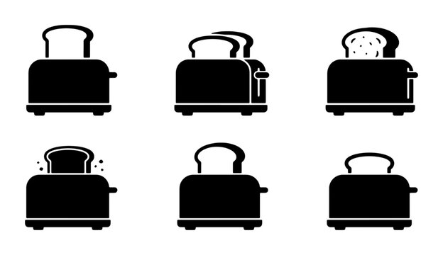 Set of black toaster icons with bread and toast Vector