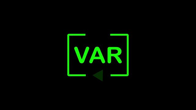 Animated football var icon on black transparent background. White and green var icon animation for sports broadcast overlay with alpha channel