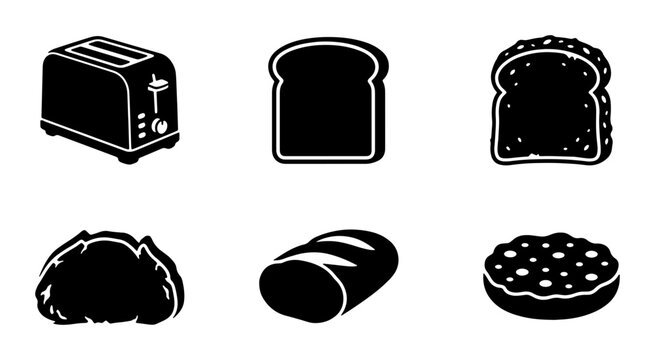 Toaster and bread slices icon set, simple black and white food graphic elements Vector