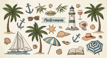 Obraz premium Mediterranean Summer Vacation Travel Holiday Elements - Palm Trees, Lighthouse, Sailboat