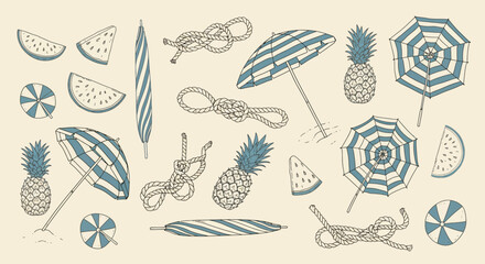 Obraz premium Summer Beach Elements: Pineapples, Umbrellas, and Watermelon Slices