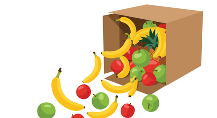 Naklejka premium Overturned cardboard box with a variety of fresh fruits like bananas, apples, and pineapple spilling out onto the floor.