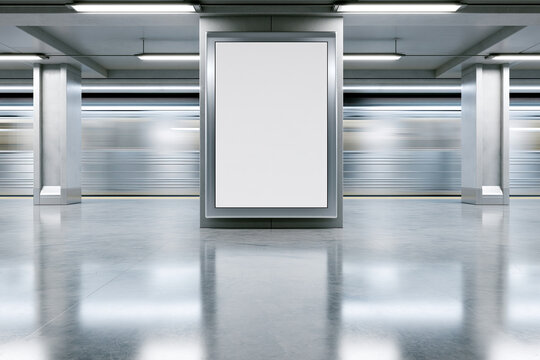blank white advertising billboard poster mockup in reflective metro station