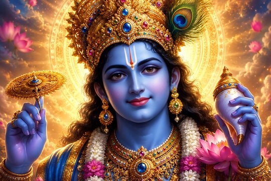 Lord Vishnu on Vaikunth Ekadashi, Krishna/Krushna Janmashtami, Ram Navami, Narsimha Jayanti, Onam, Ekadashi Vrat, Ananta Chaturdashi, Tulasi Vivah, Nirjala Ekadashi, Varah Jayanti, Aashadhi Ekadashi
