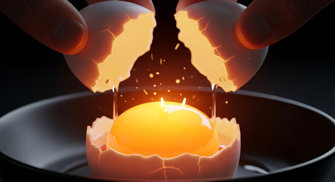 Close-up of hands breaking egg yolk with golden light and salt creative food art preparation