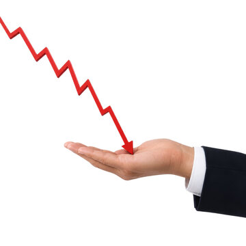 Businessman Hand Catching Red Falling Economic Chart Arrow Representing Financial Loss and Market Crash