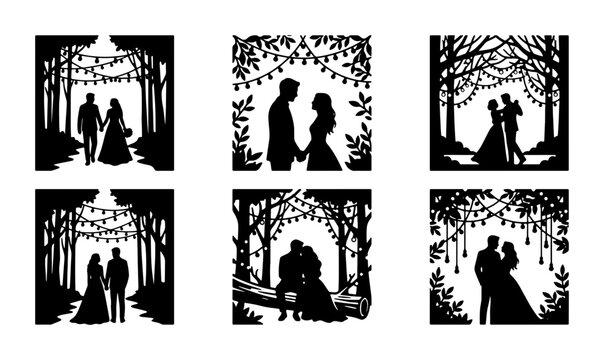 Silhouette wedding couple under string lights in forest scene Vector