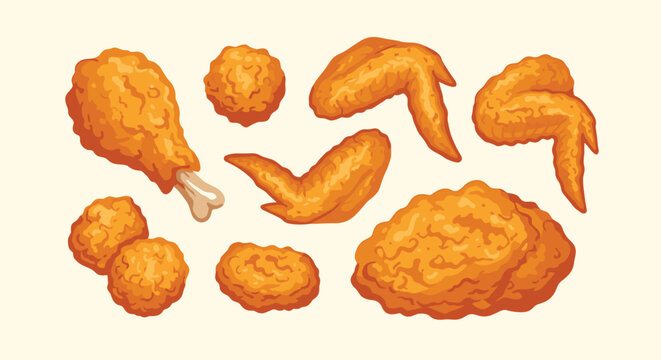 Variety of crispy fried chicken pieces including drumsticks, wings, and nuggets for fast food restaurant menu and advertising illustrations.