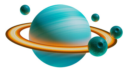 Turquoise gas giant planet with orange rings and moons, isolated on transparent background © George