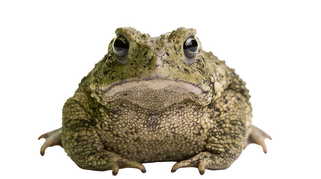 Green warty toad with bulging eyes, isolated on transparent background