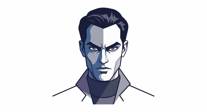 Pixelated portrait of a stern, dark-haired man in a collared shirt