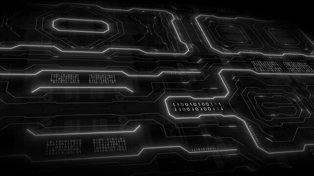 white color glowing circuit board microchip with binary code futuristic matrix data network hi tech design black technology background