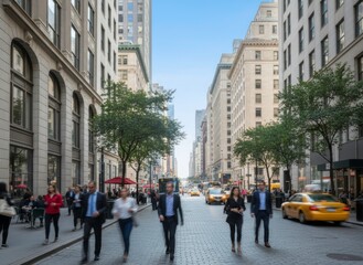 Fototapeta premium People Walking on Busy City Street with Taxis