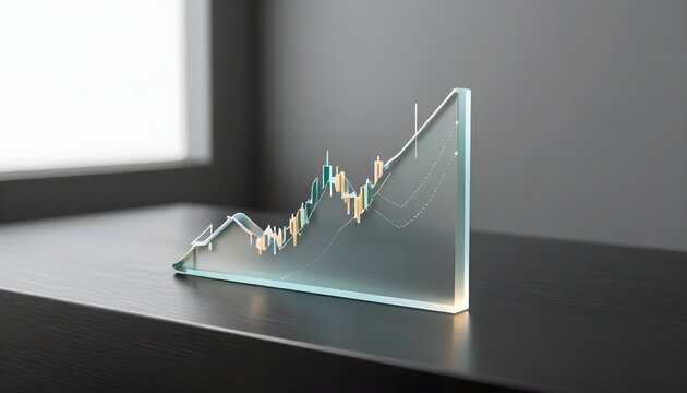 Modern glass sculpture of a bullish stock market candlestick chart representing financial growth.