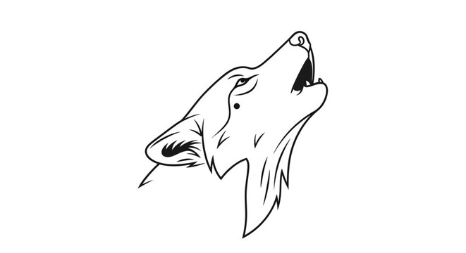 Stylized Howling Wolf Head Line Art Illustration in Black and White, Minimalist Outline Design