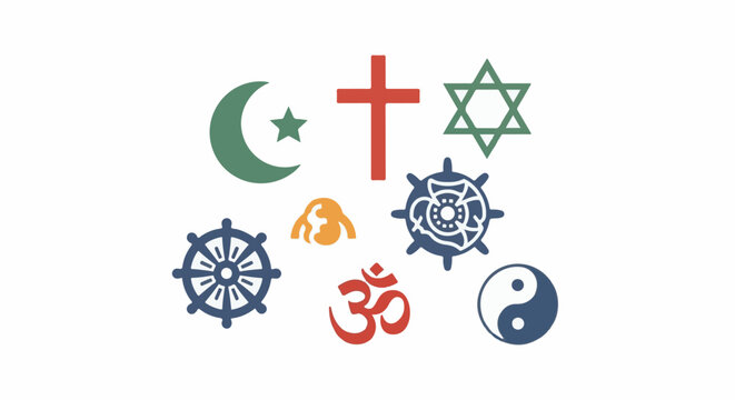 A collection of colorful religious symbols and spiritual icons arranged centrally