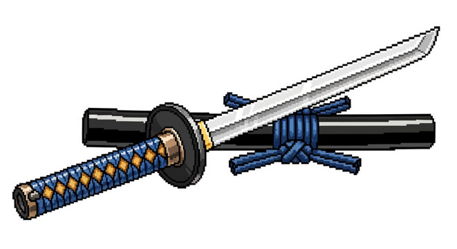 Traditional Japanese Katana Sword with Scabbard and Blue Wrapping.