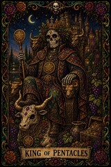 Obraz premium Intricate Skeleton King of Pentacles Tarot Card Illustration Design