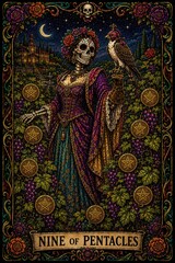 Obraz premium Colorful Artistic Illustration of Nine of Pentacles Tarot Card Design