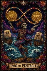 Obraz premium Colorful Day of the Dead Skeleton Juggling Coins and Ships
