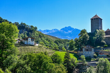 Fototapeta premium Dorf Tirol, Schloss Tirol, Herrschaftsweg, Waalweg, Wanderweg, Vinschgau, Weinberge, Berge, Etschtal, Südtirol, Frühling, Sommer, Italien