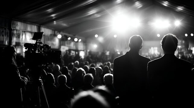 Professionals and audience silhouetted by bright stage lights at a formal event, with a camera operator filming