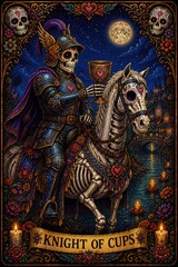 Fototapeta premium Vibrant Skeleton Knight of Cups Riding a Majestic Horse at Night