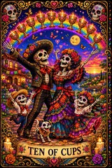 Fototapeta premium Colorful Dia de los Muertos Celebration with Sugar Skulls and Family