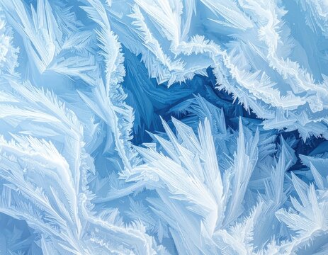 Intricate ice crystals form a fractal pattern of sharp, delicate blue and white formations