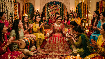 Fototapeta premium Beautiful Indian bride surrounded by happy friends during a traditional henna wedding ceremony
