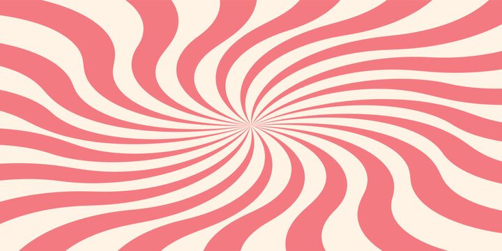 Pink ice cream and candy swirl background, lollipop vortex patterns intermixed with strawberry and circus elements. Retro spiral design. Flat vector illustration isolated