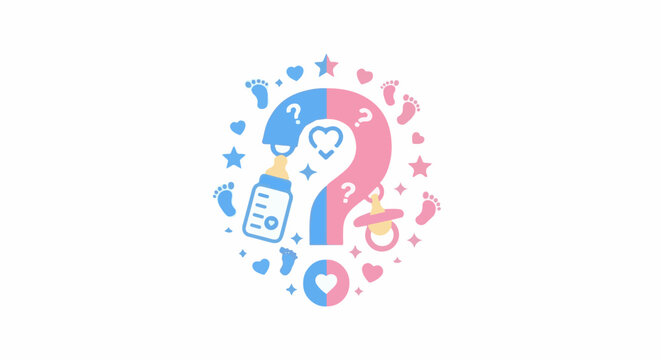 Pink and blue question mark surrounded by baby items and symbols