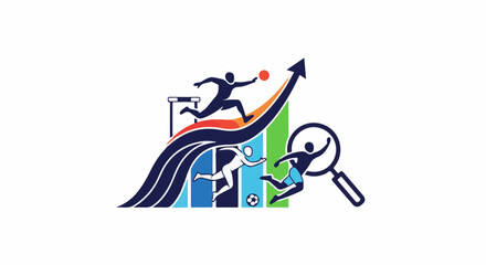 Fototapeta premium Sports figures in motion on a rising graph, with a magnifying glass