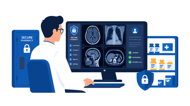 Medical professional analyzing brain scans on a computer workstation.