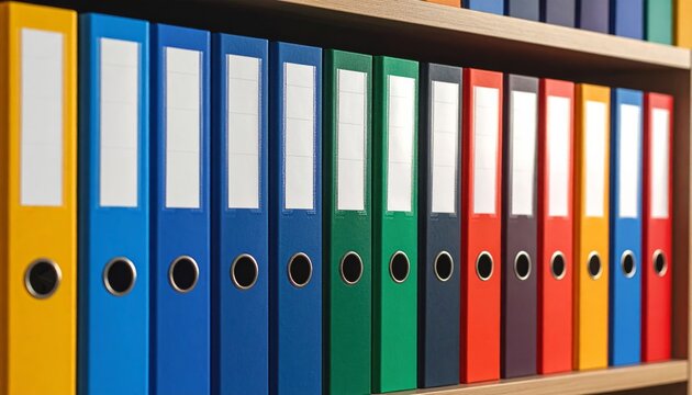 A row of colorful office folders and binders on a shelf provides organized storage for business files and document archives