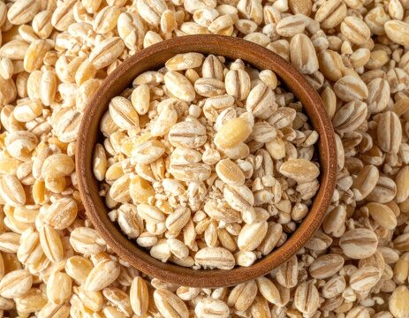 Close-up overhead view of uncooked pearled barley in a wooden bowl