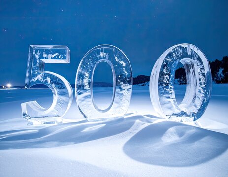 Large, translucent ice numbers "500" glow on a snow-covered landscape under a starry sky