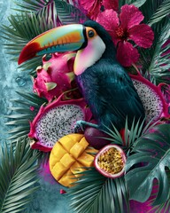 Obraz premium Colorful Toucan with Tropical Fruits and Flowers on a Vibrant Background