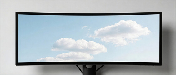 Fototapeta premium Ultra wide curved monitor displaying a bright blue sky with white clouds on minimalist wall