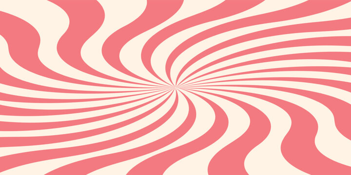 Pink ice cream and candy swirl background, lollipop vortex patterns intermixed with strawberry and circus elements. Retro spiral design. Flat vector illustration isolated