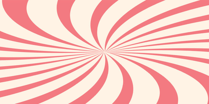 Pink ice cream and candy swirl background, lollipop vortex patterns intermixed with strawberry and circus elements. Retro spiral design. Flat vector illustration isolated
