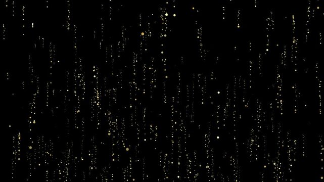 Flashing golden rain with magic tail on black screen. Loop animation. Gold glitters, sparkles, stars falling down. Glow effect and bokeh light. Abstract video with bright color and dust motion.