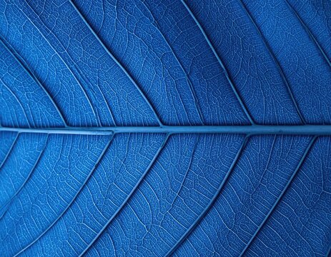 Extreme close-up of a vibrant blue leaf vein pattern, revealing intricate textures