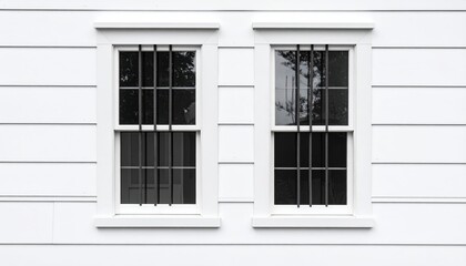 Fototapeta premium An old white wooden window frame with a blue shutter is built into a traditional white brick wall of a vintage house exterior