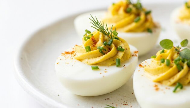 Homemade hard Boiled Deviled Eggs garnished with herbs
