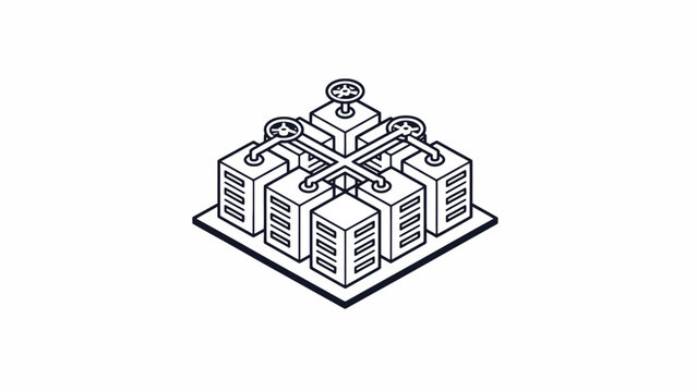 An isometric illustration of a connected server cluster for data storage
