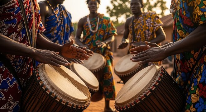 Traditional African drummers performing in vibrant cultural attire under warm sunlight