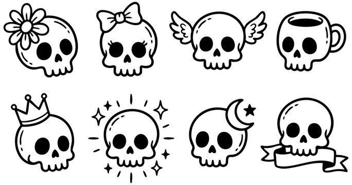 Set of cute black and white vector skull illustrations featuring various decorative elements and whimsical designs