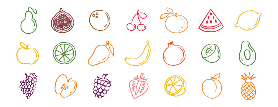 Fruit icons chalk hand drawn doodle set. Drawing crayon fruit